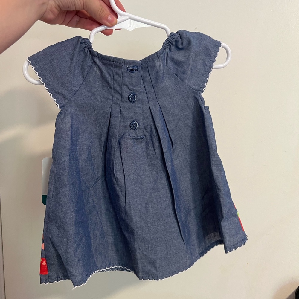 Disney Baby Blue Red Chambray Bow Floral Minnie Mouse Scalloped Dress 6-9 Months - Picture 5 of 6